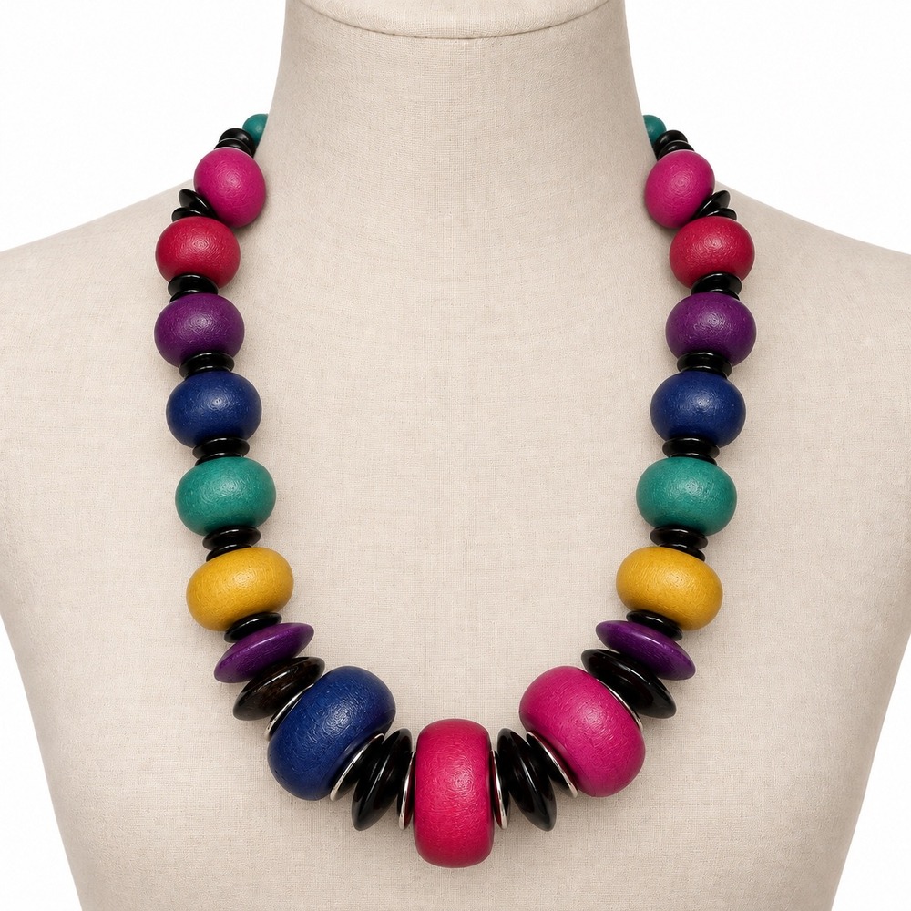 Vintage Wood Bead Necklace OS Multicolor Chunky Statement